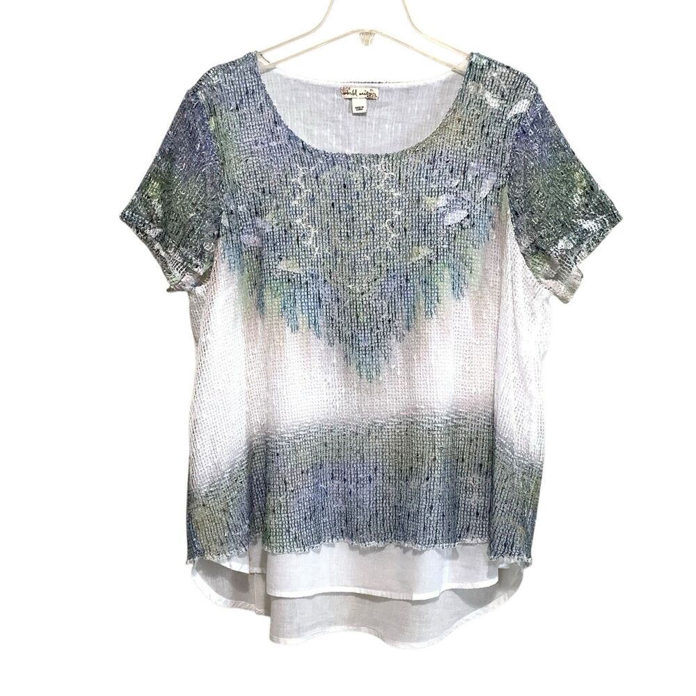 World Unity Mesh Overlay Top Womens Size XL Blue Green White Ombre Short Sleeve